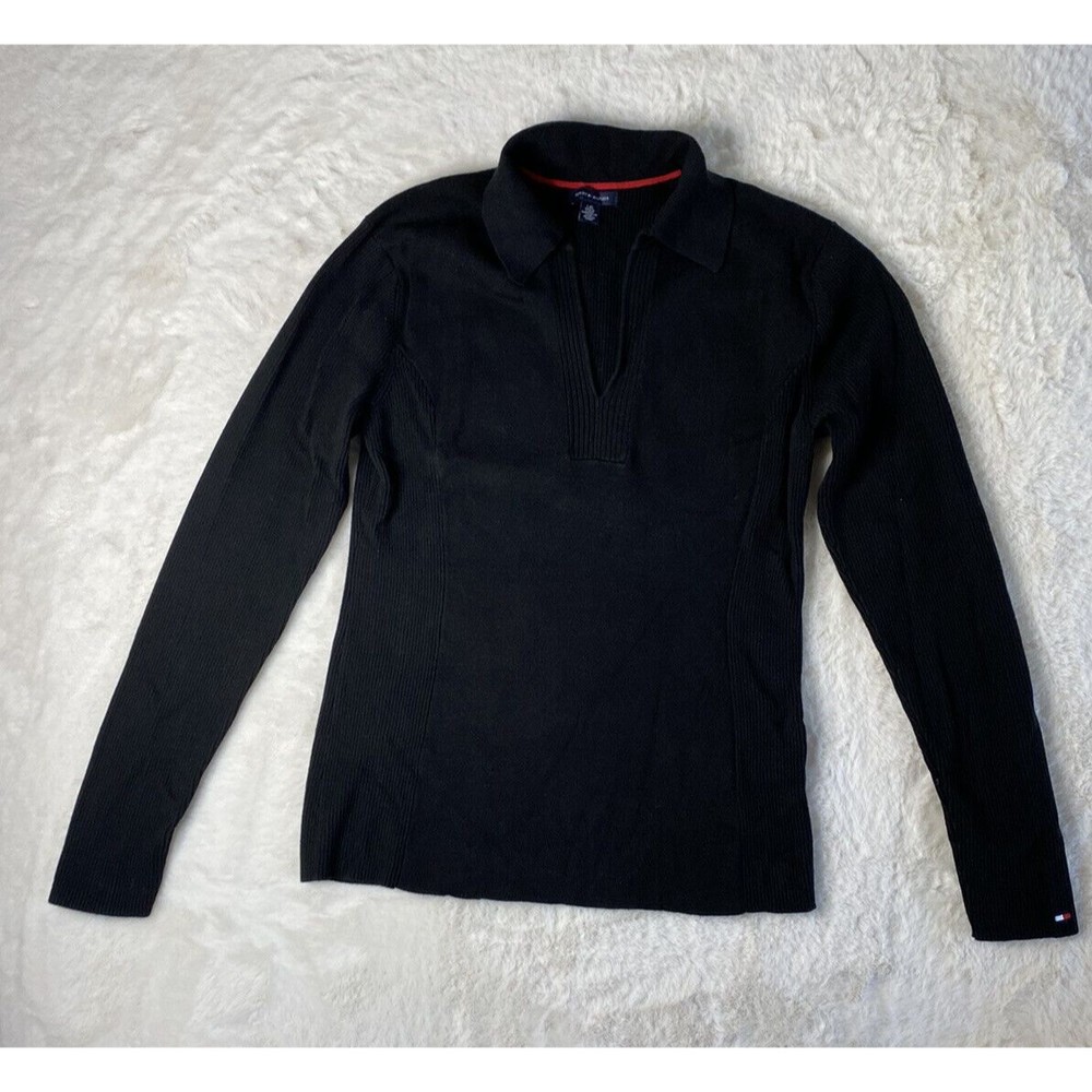 Tommy Hilfiger Sweater Women's Large Collar Long Sleeves Fitted V Neck Black
